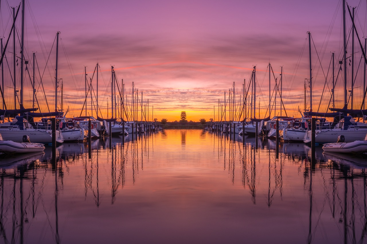 port, boats, sunset